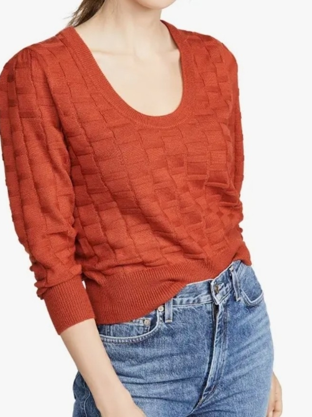 Joie Burnt Orange Scoop Neck Basketweave Knit Sweater